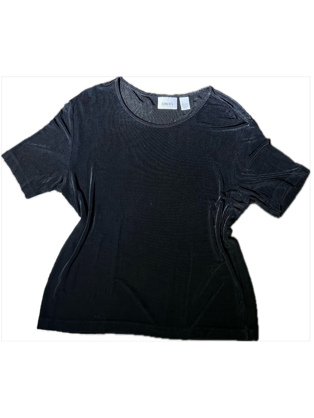 Chico’s Travelers Vintage Black Scoop Neck T-Shirt Acetate Spandex Size 2 Large